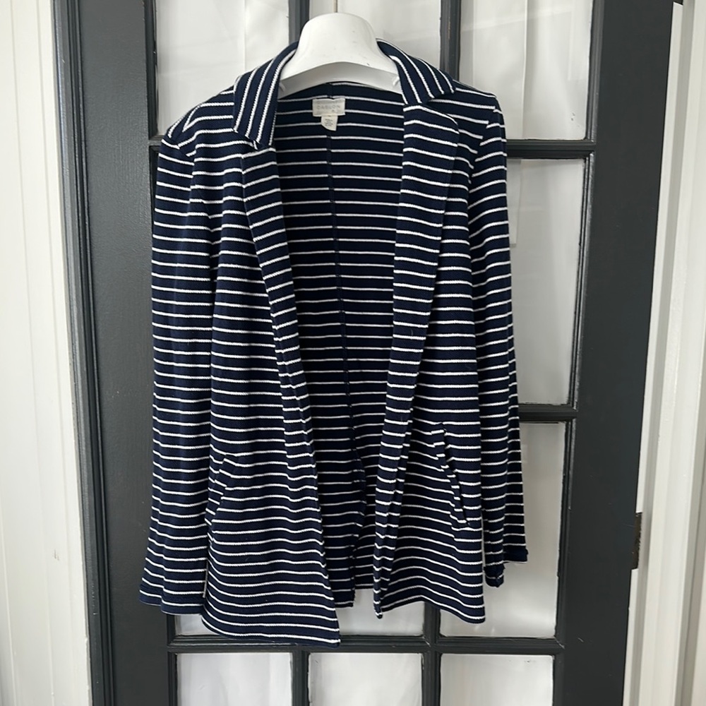 Nordstrom Caslon cotton knit navy white striped nautical open front jack…
